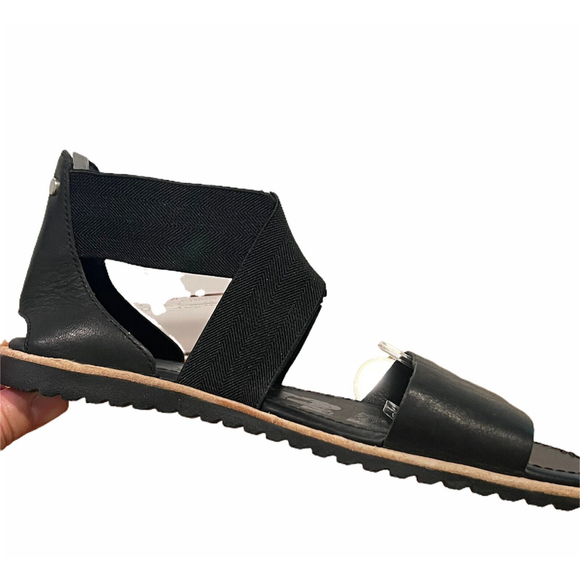 Sorel Ella Black Leather Slip On Flat Ankle-Strap Open Toe Sandals Womens Sz 6.5 - Picture 4 of 12
